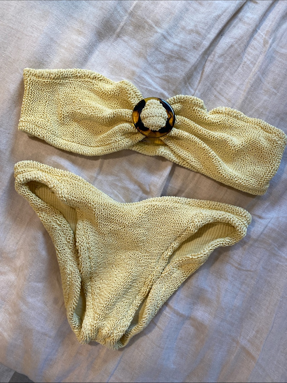 Hunza G Yellow Textured Bandeau Bikini with Tortoiseshell Ring